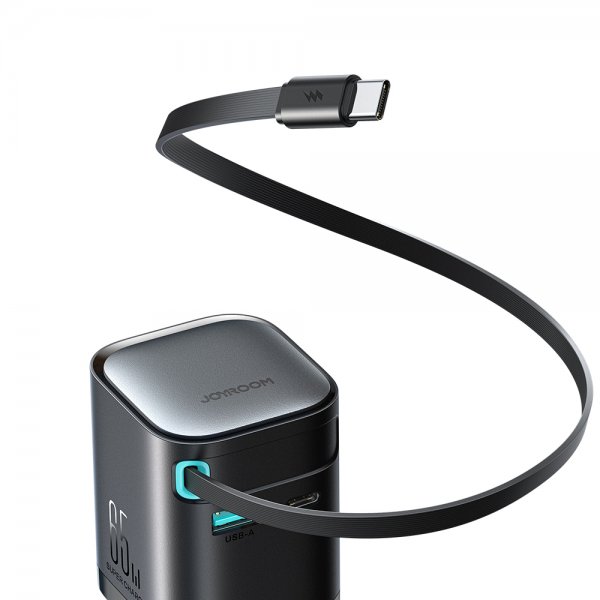 Joyroom 65W Vægoplader med indbygget USB-C kabel & USB-A/USB-C udtag Sort