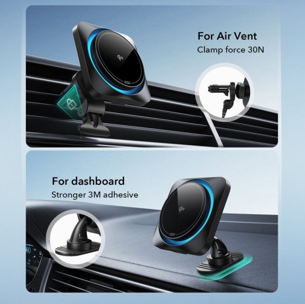 ESR Bilholder Qi2 Air Vent/Dashboard Trådløs Biloplader CryBoost HaloLock Sort