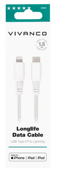 Vivanco Kabel Longlife Braided USB-C/Lightning 1.5m Hvid