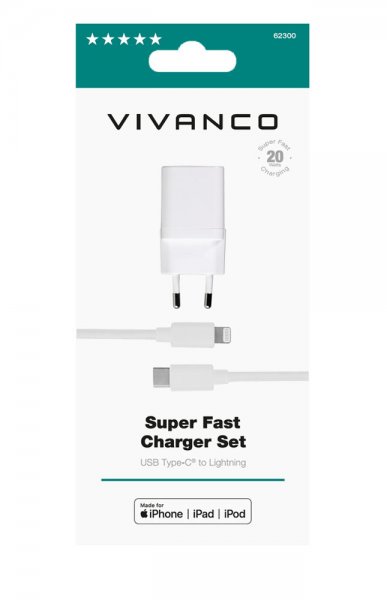 Vivanco Oplader med Kabel Super Fast Charger Sæt USB-C/Lightning 20W 1.2m Hvid
