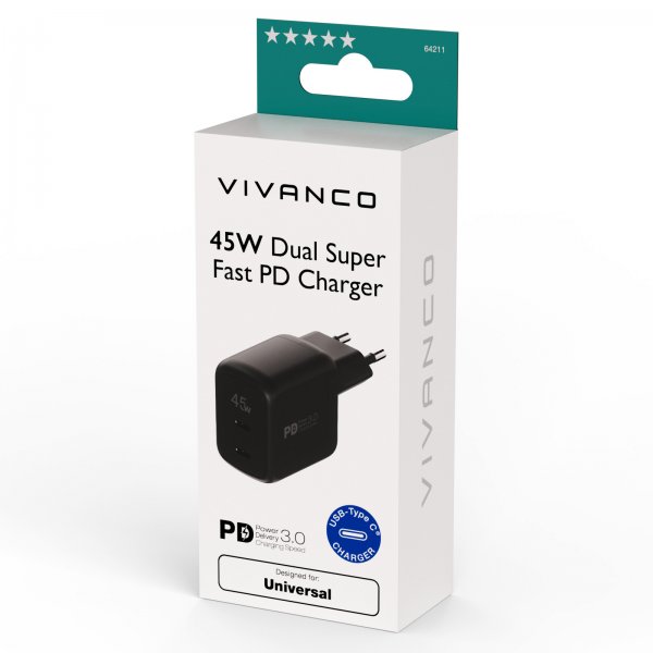 Vivanco Oplader 45W Dual Super Fast PD Oplader Sort