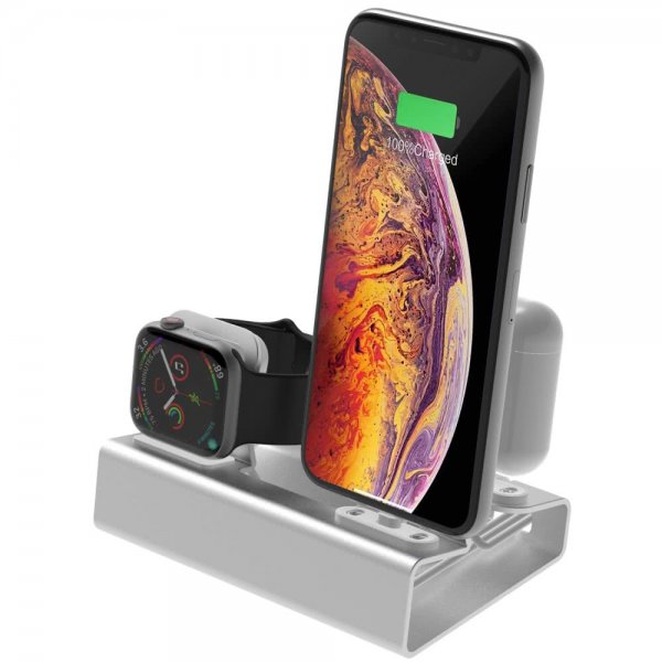 3-i-1 Holder til iPhone, Apple Watch og AirPods Sølv