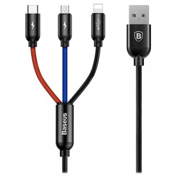Baseus 3-i-én kabel Micro USB/Type-C/Lightning 1.2 m Trefarvet Sort