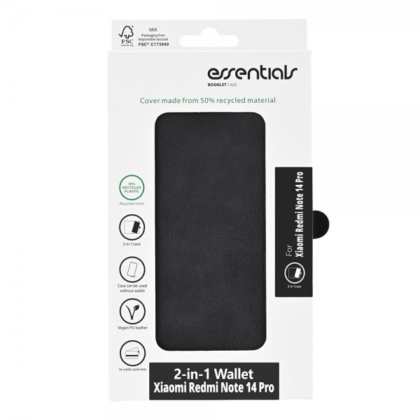Essentials Xiaomi Redmi Note 14 Pro 5G Etui 2-i-1 Vegansk Læder Sort