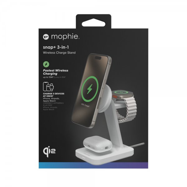 Mophie Trådløs Oplader Snap+ 3-i-1 Trådløs Opladerstander Qi2 MagSafe Hvid