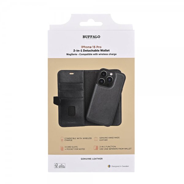 Buffalo iPhone 15 Pro Etui 3 Kortlommer Aftagelig Skal MagSeries Sort