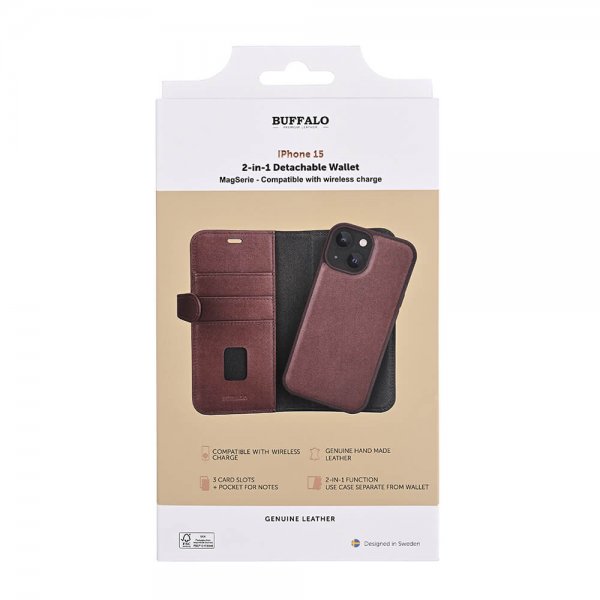 Buffalo iPhone 15 Etui 3 Kortlommer Aftageligt Cover MagSeries Brun