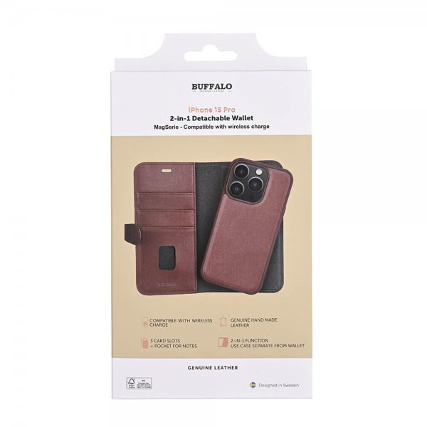 Buffalo iPhone 15 Pro Etui 3 Kortlommer Aftageligt Cover MagSeries Brun