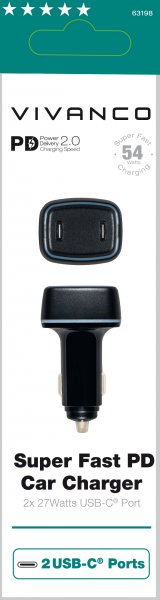 Vivanco Billader Super Fast PD Car Charger 54W Sort