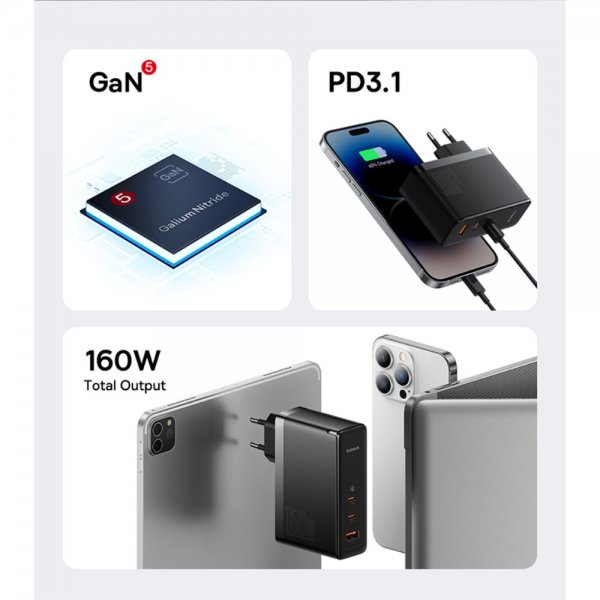 Baseus GaN5 Pro Hurtigoplader 2xUSB-C & 1xUSB-A 160W
