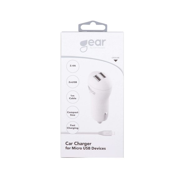 Gear Biloplader 2xUSB 2.4A Micro-USB Kabel 1m Hvid