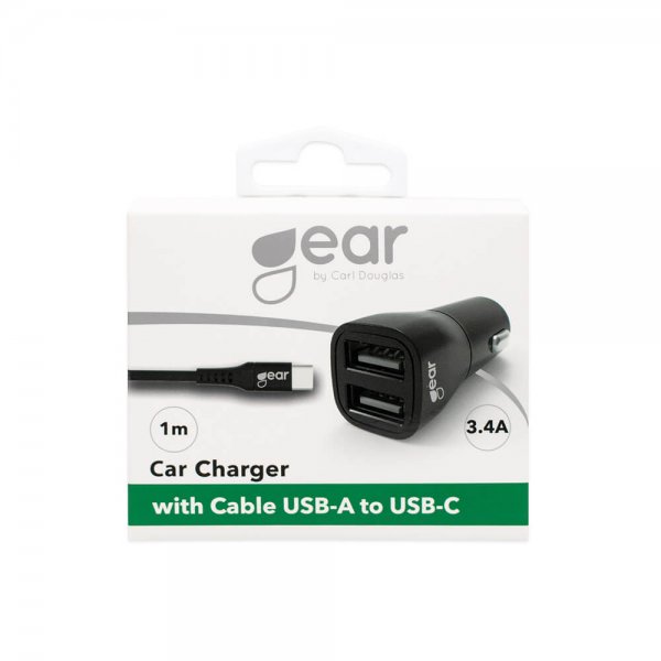 Gear Billader 2xUSB 3.4A USB-C Kabel 1m Sort