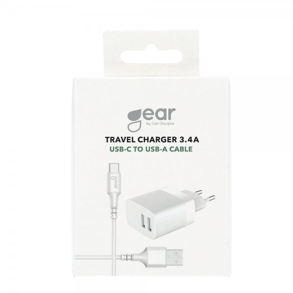 Gear Oplader 2xUSB 3.4A Hvid USB-C Kabel 1m