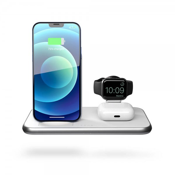 Zens 4 i 1 Stand+Watch trådløs oplader Aluminium Hvid