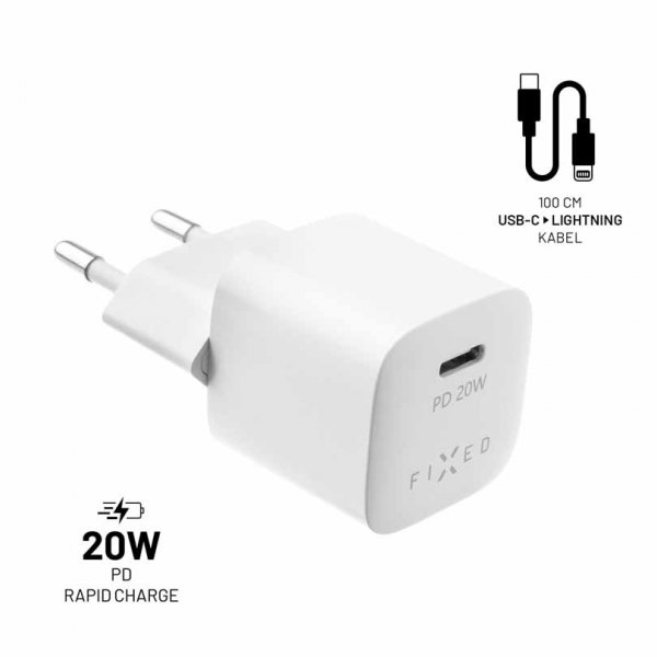 Fixed Lader med kabel Mini PD Travel Charger Kit USB-C/Lightning 20W Hvid