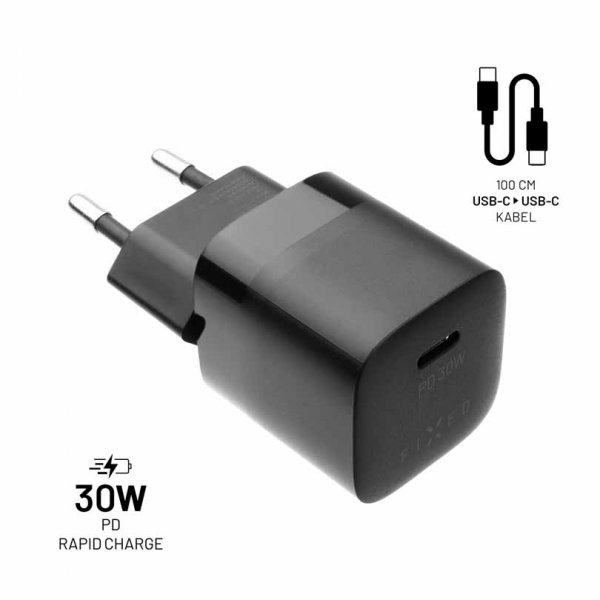 Fixed Lader med kabel Mini PD Travel Charger Kit USB-C/USB-C 30W Sort