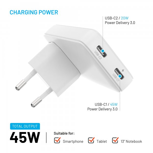 Fast Oplader Slim Traveller 2xUSB-C 45W