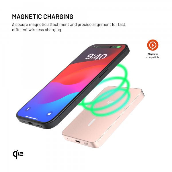 Fixed MagSafe Powerbank MagZen 5 Crystal Qi2 Lyserød