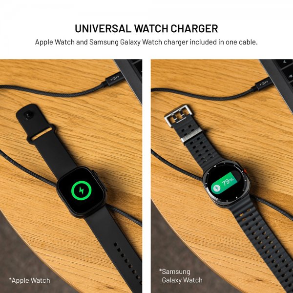 Fast USB-C kabel med Smartwatch-opladning 1.5m Sort