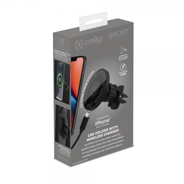 Celly Bilholder Car Holder med Trådløs Oplader 15W MagSafe