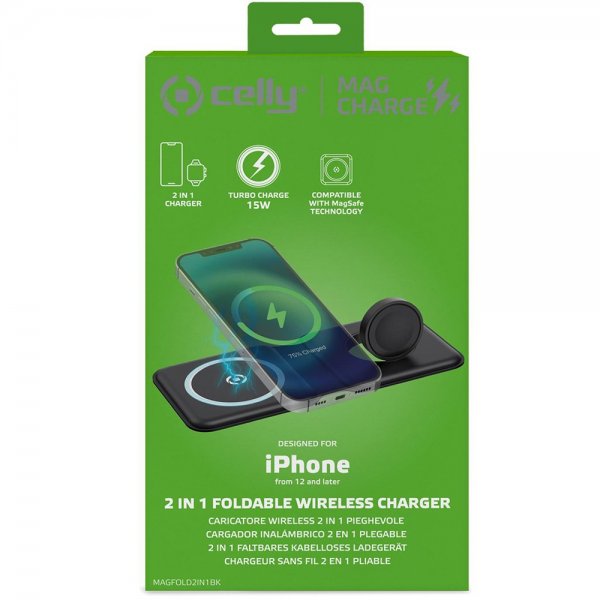 Celly Trådløs Oplader 2 i 1 Foldbar Trådløs Oplader 15W MagSafe