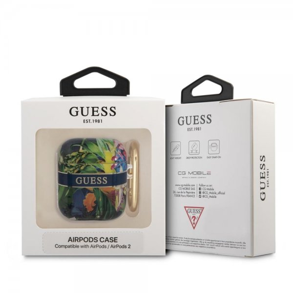 Guess AirPods 1/2 Cover Flower Print & Gold Hook Blå