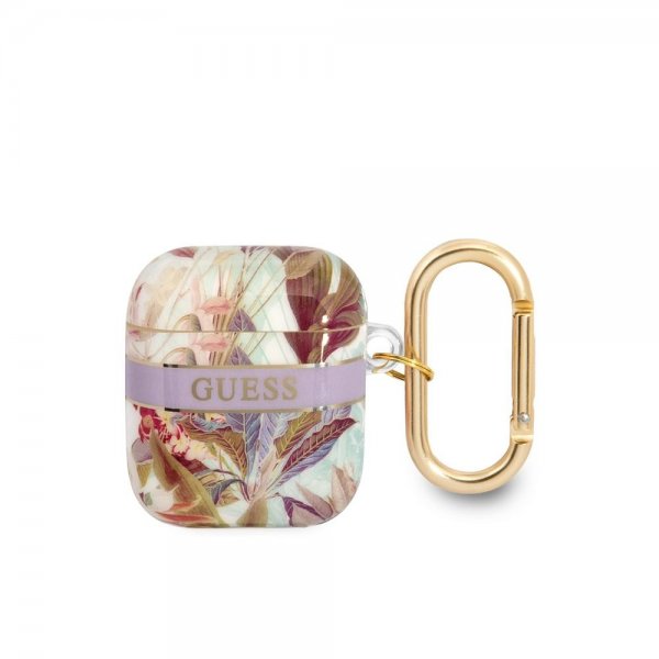 Guess AirPods 1/2 Cover Blomstret print & Gold Hook Lilla