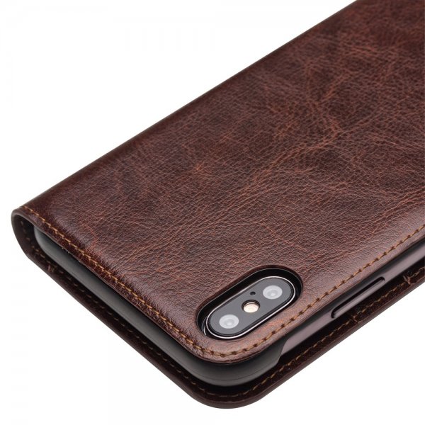 Qialino iPhone Xs Max Etui Ægte Læder Kreditkortlomme Brun