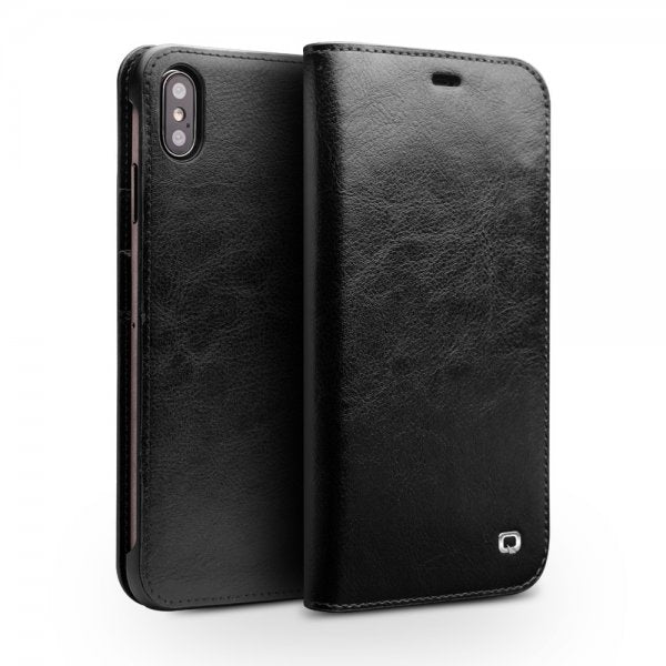 Qialino iPhone Xs Max Etui Ægte Læder Kortlomme Sort