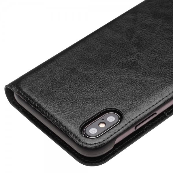 Qialino iPhone Xs Max Etui Ægte Læder Kortlomme Sort