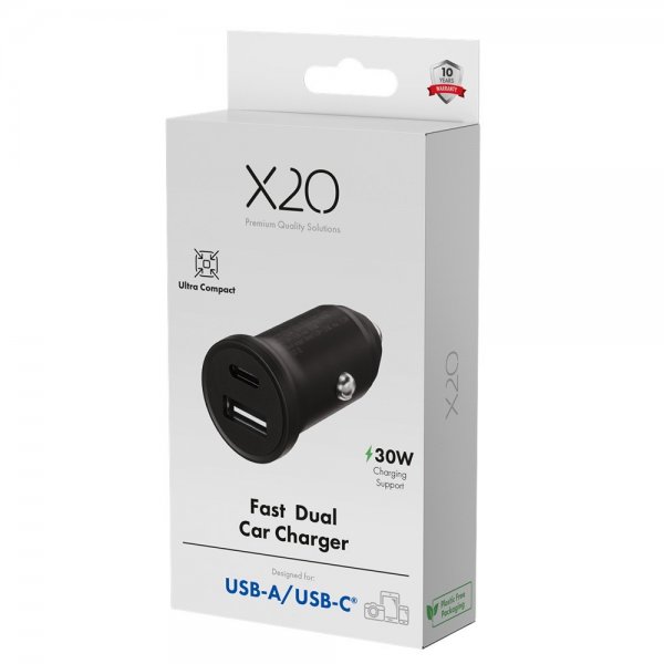 X2O Billader 30W Dual USB-C/USB-A GaN Sort