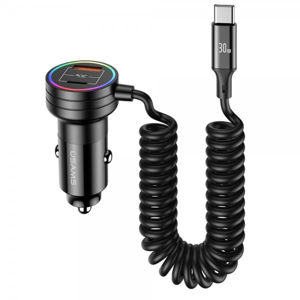 USAMS Billader 60W Car Charger med spiralkabel