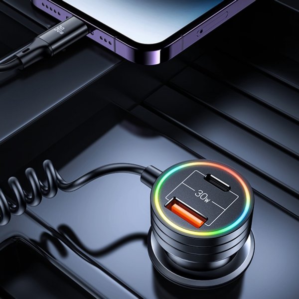 USAMS Billader 60W Car Charger med spiralkabel