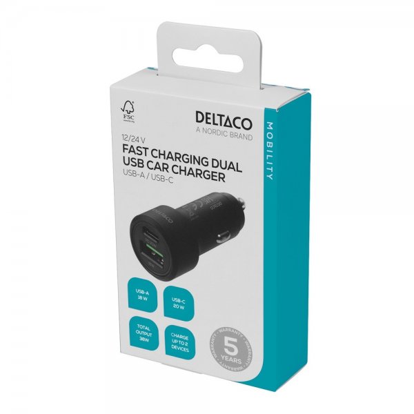 Deltaco Billader Fast Charging Dual USB Car Charger