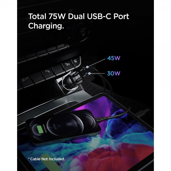 Spigen Biloplader PowerArc ArcStation Dual Port 75W Sort