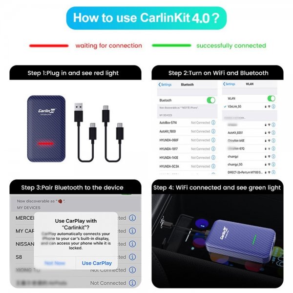 Carlinkit 4.0 Apple Carplay/Android Auto Trådløs Adapter
