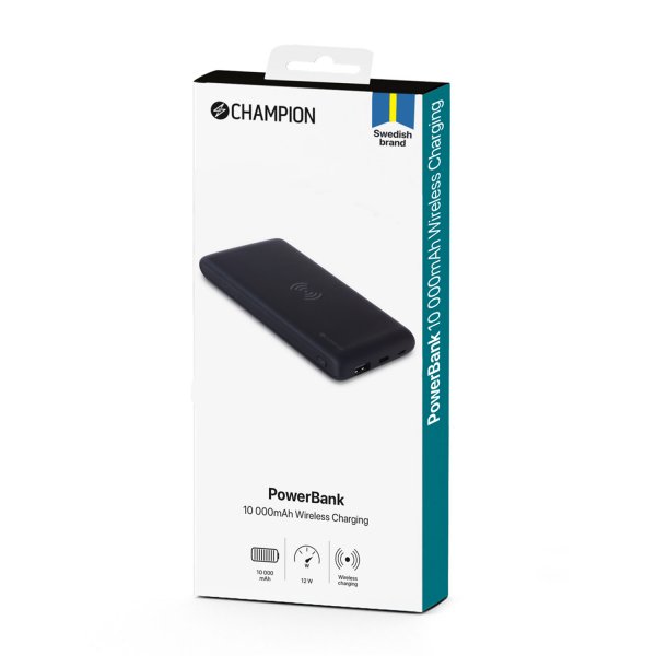 Champion Powerbank med Trådløs Opladning 10.000 mAh 12W Sort