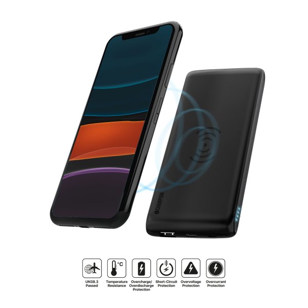Champion Powerbank med Trådløs Opladning 10.000 mAh 12W Sort