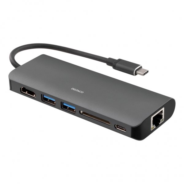 Deltaco USB-C-dockingstation med HDMI/RJ45/USB-C Sort