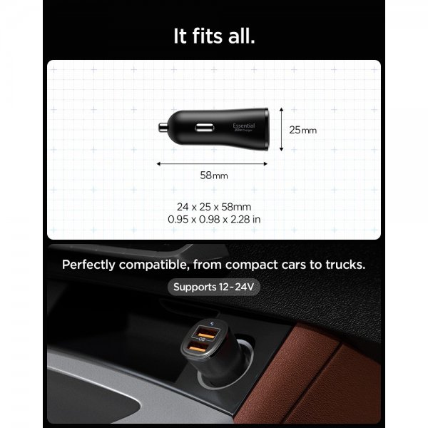 Spigen Essential Billader 30W 2xUSB-A Sort