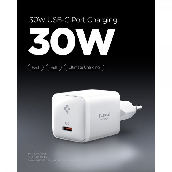 Spigen Essential Mobiloplader 30W USB-C Hvid