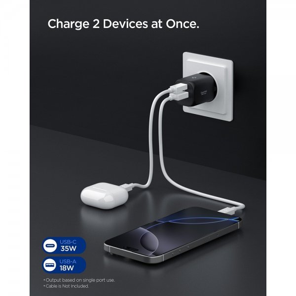 Spigen Essential Oplader 35W 1xUSB-C 1xUSB-A Sort