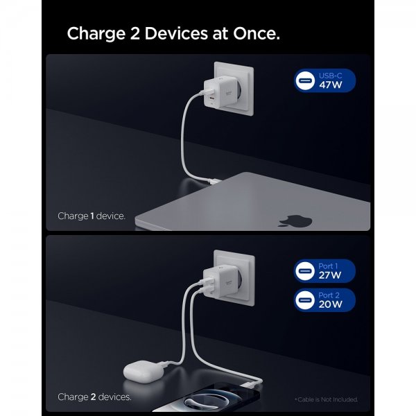 Spigen Essential Oplader 47W 2xUSB-C Hvid