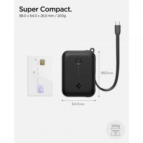 Spigen Essential Powerbank med indbygget kabel 10.000 mAh 30W Sort