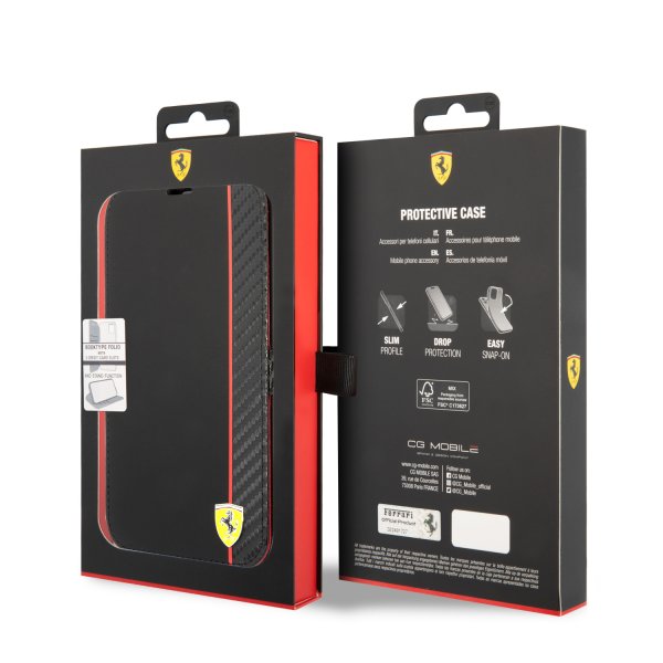Ferrari iPhone 14 Pro Max Cover Carbon Effect Metal Logo Sort