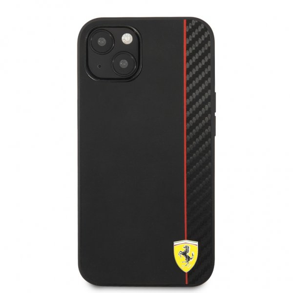 Ferrari iPhone 13 Mini Cover Kulfiber Effekt Metal Logo Lodret Stribe Sort