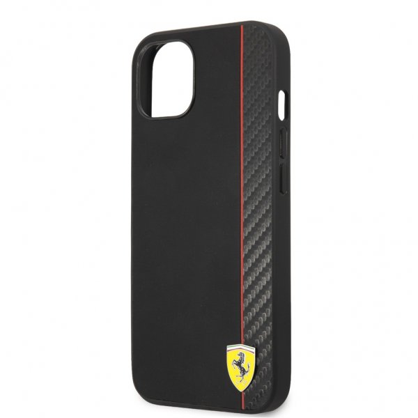 Ferrari iPhone 13 Mini Cover Kulfiber Effekt Metal Logo Lodret Stribe Sort