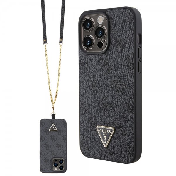 Guess iPhone 15 Pro Max Cover Metal Logo Rhinstens Crossbody Strap Sort