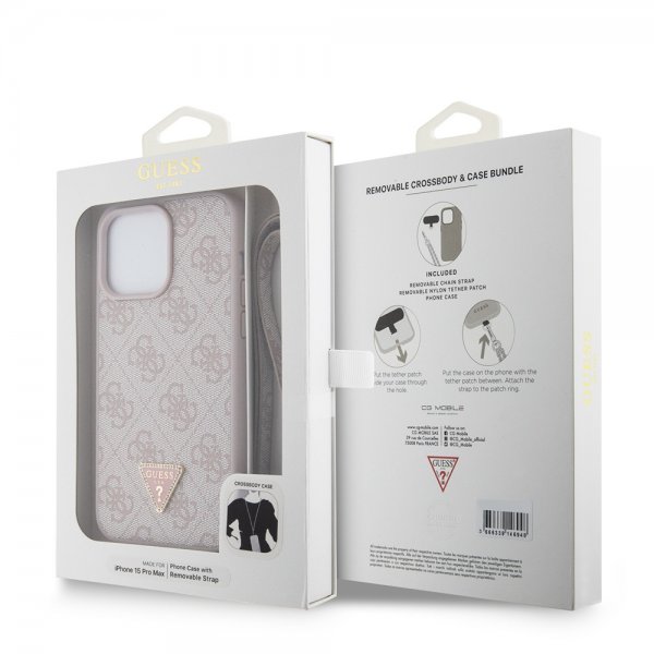 Guess iPhone 15 Pro Max Cover Metal Logo Rhinstens Crossbody Rem Pink