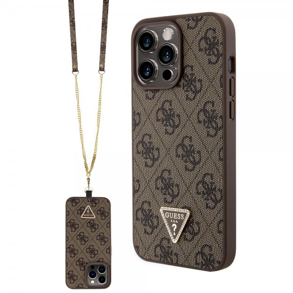 Guess iPhone 15 Pro Max Cover Metal Logo Rhinstens Crossbody Strap Brun